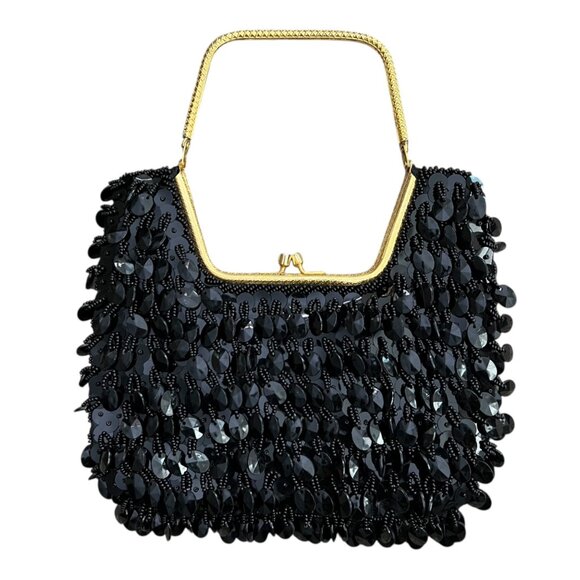 Vintage Handbags - Vintage Beaded Sequin Kiss Lock Clutch Black Formal Glam Flapper‎ Going Out